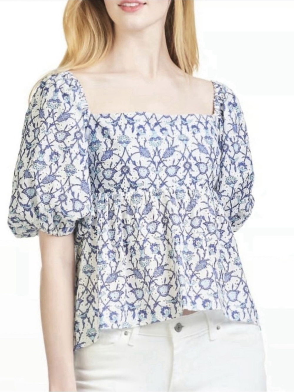 Sachin & Babi Puff Sleeve Eyelet Shirred Bust Peplum Top Sz Small - Blue White